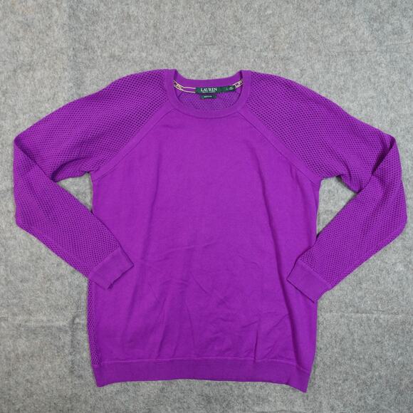 Ralph Lauren Sweater Women Large Active Raglan Sleeve Purple Knit Mesh Crew Neck - Picture 1 of 8